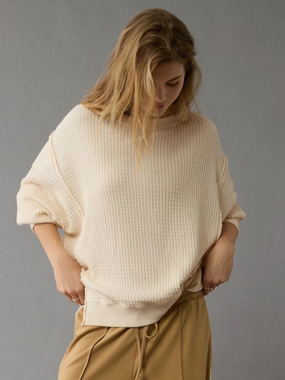 American Eagle Big Hug Oversized Cream Waffle Knit Sweatshirt Women's XXS